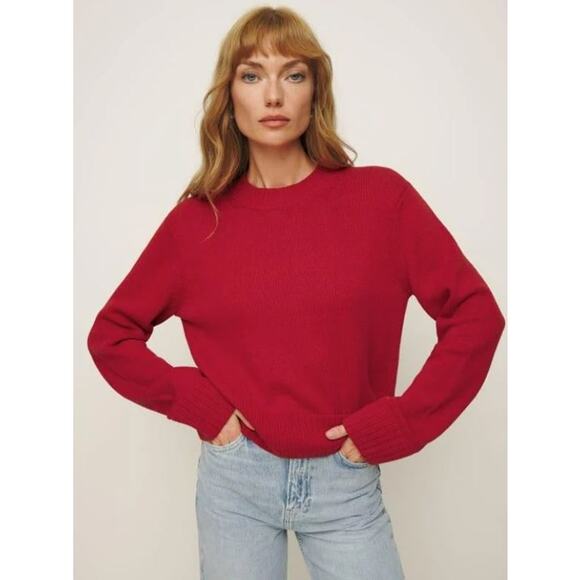 REFORMATION Anna Cotton Crewneck Sweater Relaxed Chunky Knit Pullover Red - Picture 2 of 11